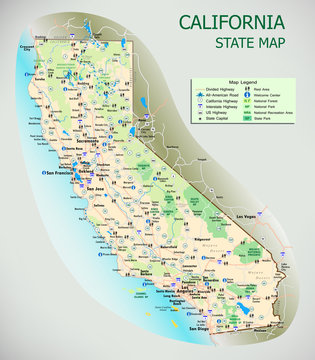 California State Map. Roads - Cities - National Parks - Tourist