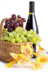 Bottle of wine with grapes in basket