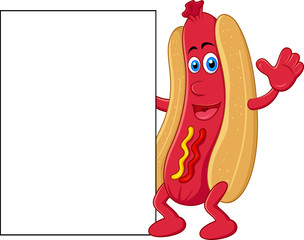 Hot dog cartoon character with blank sign