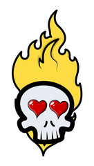 Funny Romantic Skull Tattoo with Flames and Hearts - Vector