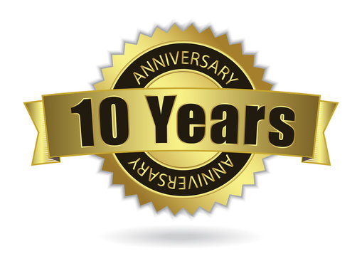 "10 Years Anniversary" - golden stamp with ribbon, Vector EPS 10