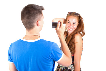 Young couple photographing