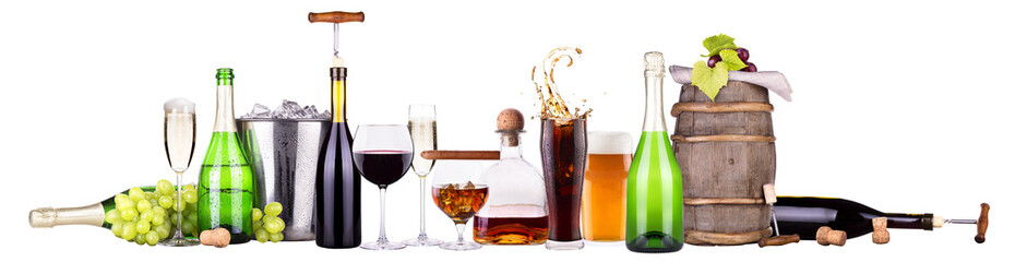 Set of different alcoholic drinks and food