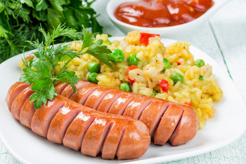 Rice with  two sausages