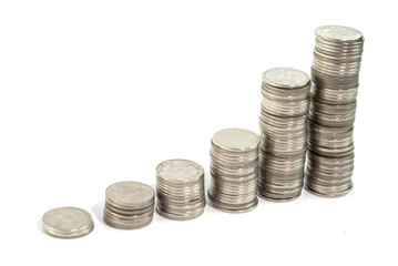 Savings, increasing columns of gold coins