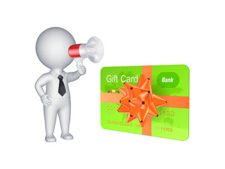 3d person with megaphone and credit card.