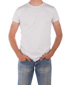 Man in blank white shirt