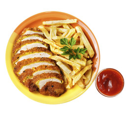 French fries and chicken on the white isolated background