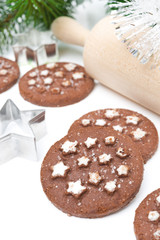 Fototapeta na wymiar Christmas chocolate cookies on a white background, close-up