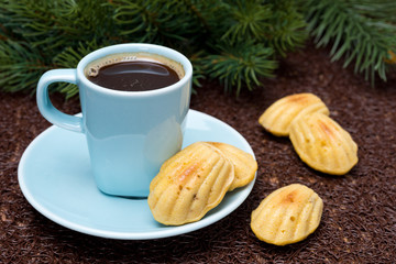 cup of coffee and cookies madeleines and  fir branches