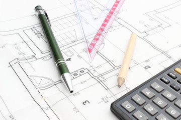 Drawing accesories and calculator on housing plan