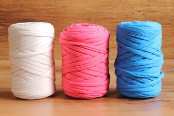 Three skeins of zpagetti t-shirt yarn