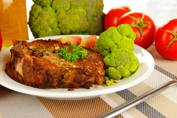 Piece of fried meat on plate isolated on white