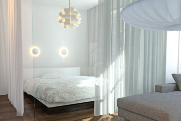 Modern bedroom with wall of glass
