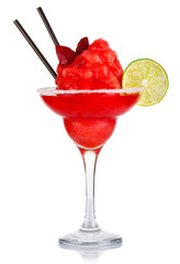 Red alcohol cocktail with fruit ice crush and lime slices isolat