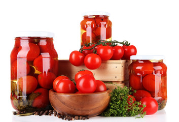 Tasty canned and fresh tomatoes, isolated on white