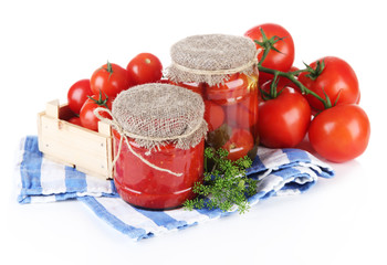 Tasty canned and fresh tomatoes, isolated on white