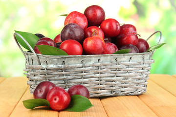 Ripe plums in basket on wooden table on natural background