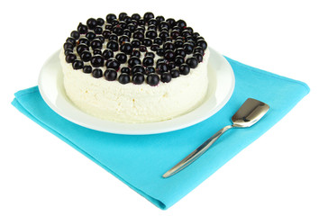 Cheesecake with fresh berries on white plate isolated on white