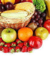 Different fruits and vegetables on white background
