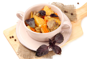 Homemade beef stir fry with vegetables in color bowl, isolated