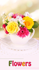 Beautiful bouquet of bright flowers in mug on bright background