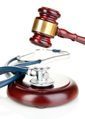 Medicine law concept. Gavel and stethoscope isolated on white