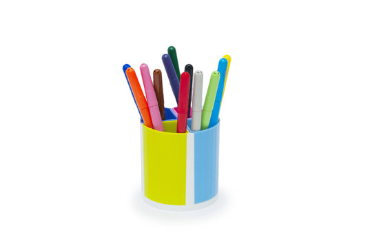 selection of markers in pencil holder