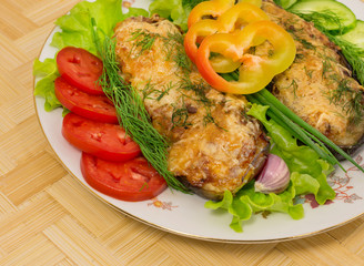 eggplant stuffed with meat, vegetables and cheese