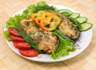 eggplant stuffed with meat, vegetables and cheese