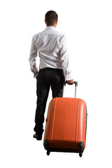 man with bag standing over white background