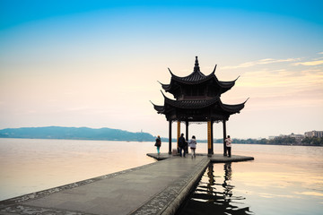 the west lake scenery with ancient pavilion