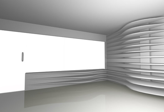 Futuristic interior with white curve shelfs