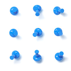 Set of blue push pins with different angles isolated