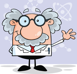 Funny Scientist Or Professor Smiling And Waving