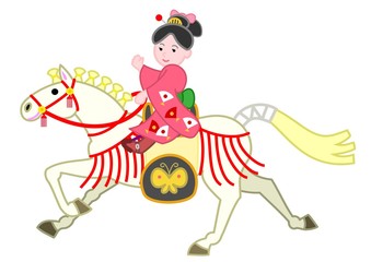 白い飾り馬、和服の女の子