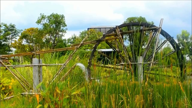 Waterwheel in green eco garden