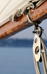 Old rigging on wooden sailing boat