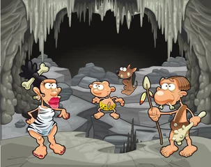 Tuinposter Funny prehistoric family in the cavern. © ddraw