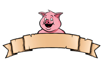 Smiling pig with ribbon banner