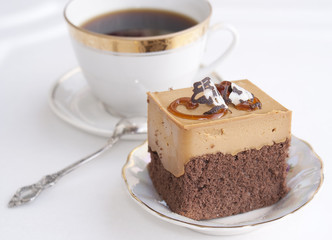 Fruit chocolate cake and morning coffee