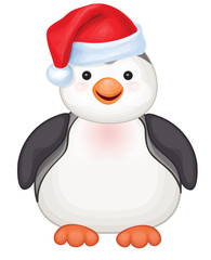 Vector of cute penguin in red Santa's hat isolated.