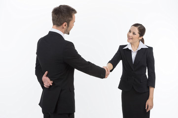 Dishonest business partner. Two business partners shaking hands