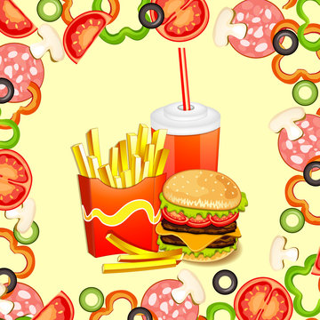 Group of fast food products.