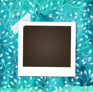 Scrap template with photo frame on blue watercolor background