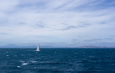 Fototapeta premium The boat at the ocean in windy day