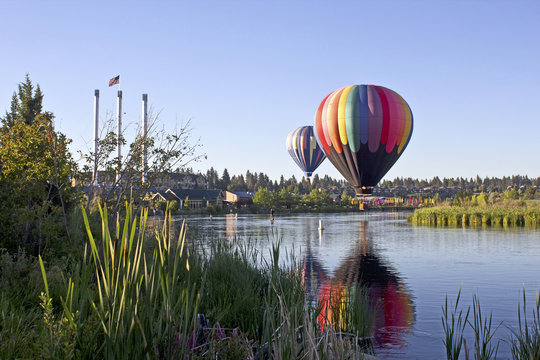 Rainbow hot air balloon in The Old Mill district, Bend, Oregon