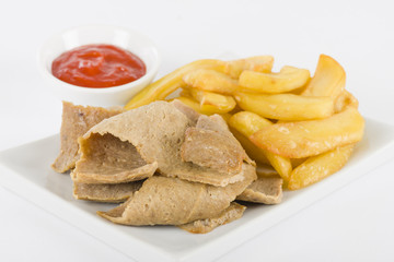 Donner Meat & Chips - Donner slices with fries and chili sauce.