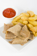 Donner Meat & Chips - Donner slices with fries and chili sauce.
