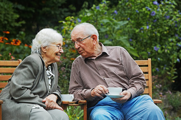 aged couple on the garden bench - 55337959